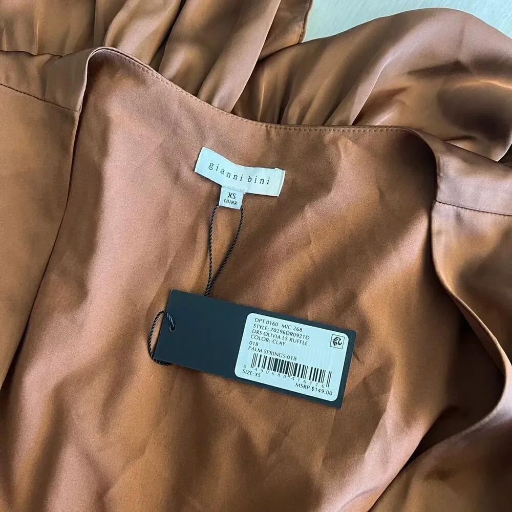 Gianni Bini, Women's Olivia Long Sleeve Ruffle Dress, Clay Brown, XS]